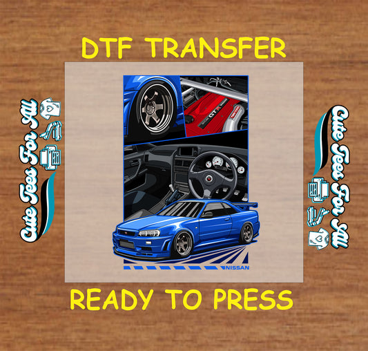 DTF transfer of blue tuner coupe with engine, steering wheel, wheel, and full-body views.