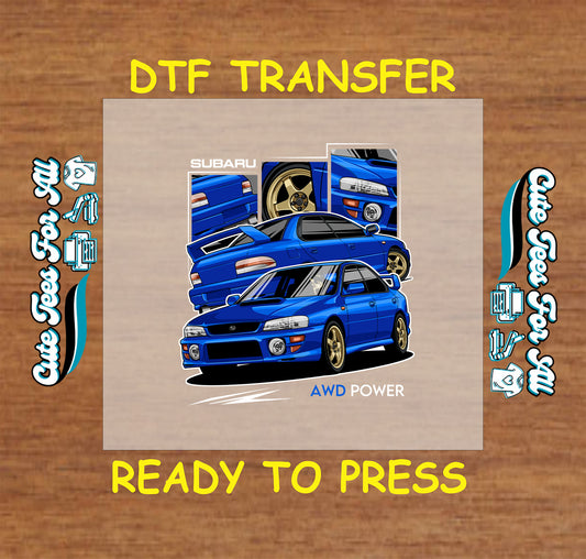 DTF transfer of blue AWD rally-style sedan with front, rear, and wheel detail panels.