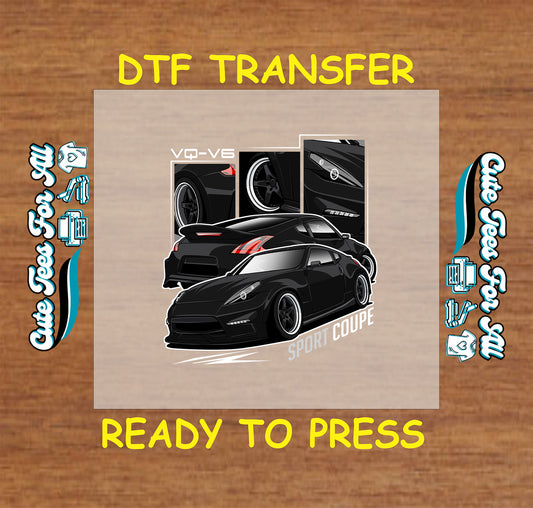 Black sport coupe DTF transfer with close-ups of wheels, lights, and V6 badge.