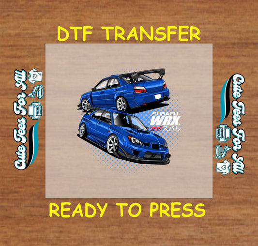 DTF transfer of blue rally-style AWD sedan with front and rear views and halftone background.
