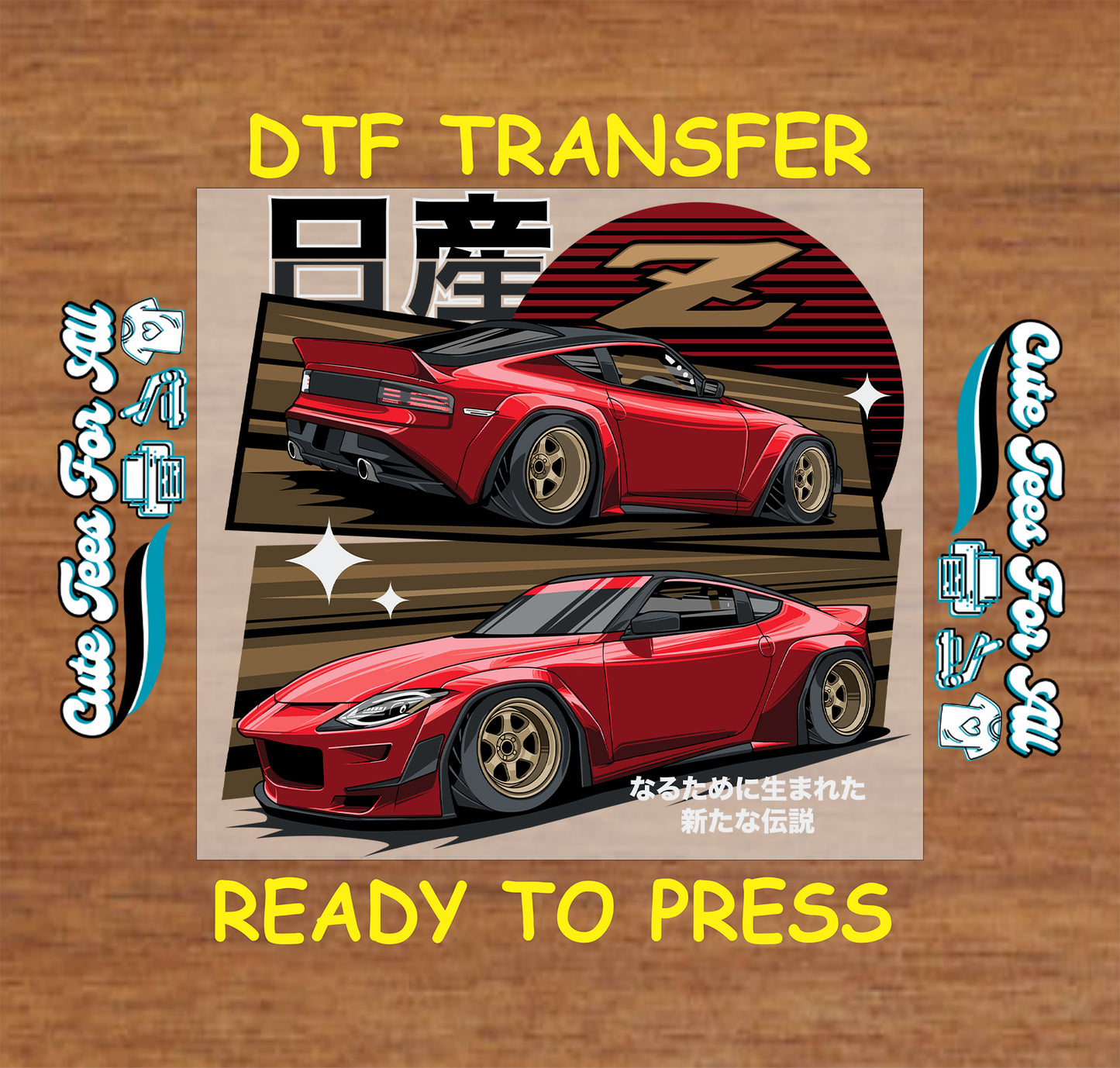 DTF transfer of red widebody coupe with front and rear views, gold wheels, and retro circle background.
