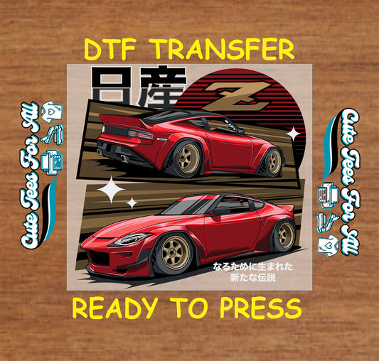 DTF transfer of red widebody coupe with front and rear views, gold wheels, and retro circle background.