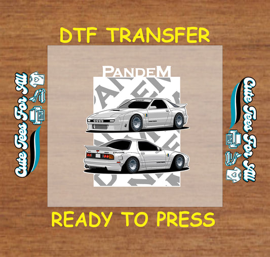 DTF transfer of silver retro tuner coupe with widebody kit, side views, and grayscale background.