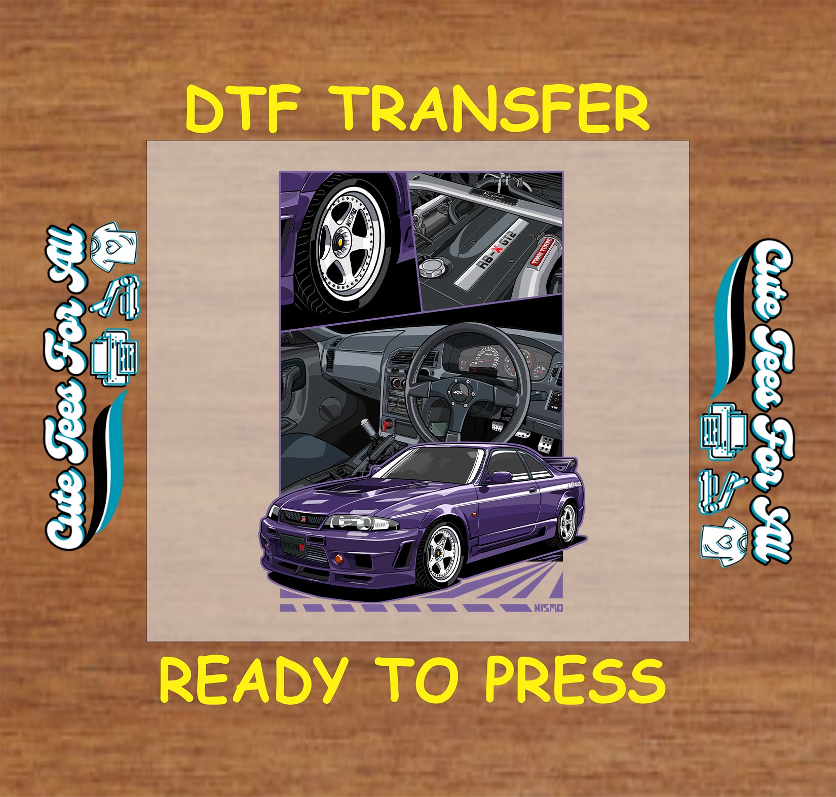DTF transfer of purple tuner coupe with engine bay, cockpit, wheels, and full car view.