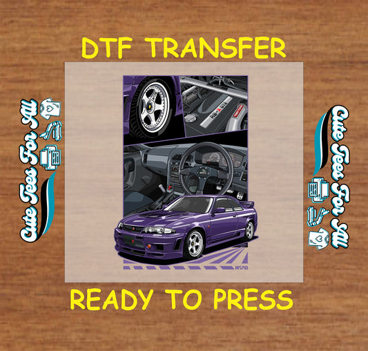 DTF transfer of purple tuner coupe with engine bay, cockpit, wheels, and full car view.