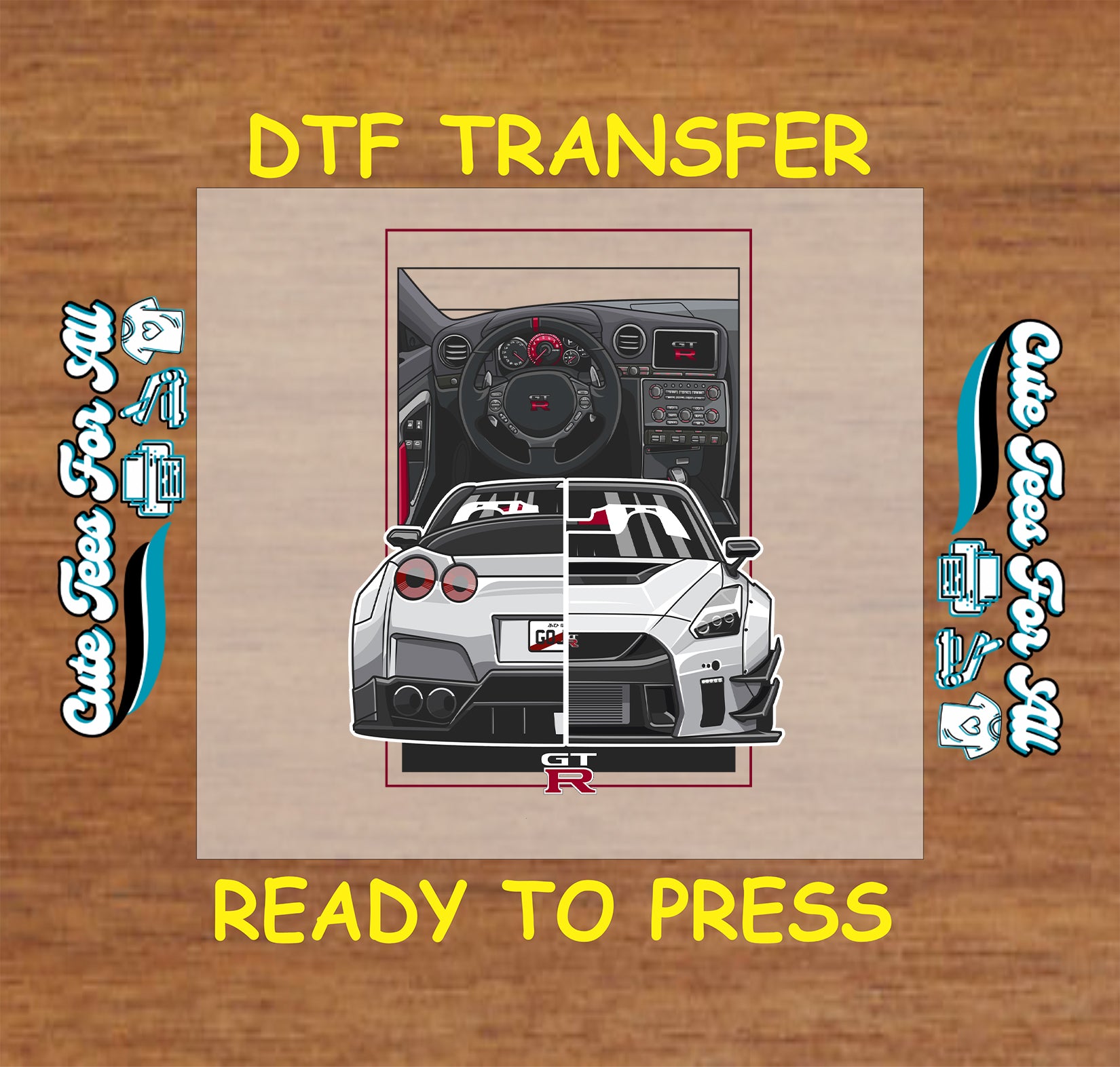 DTF transfer with split cockpit and front-rear tuner car in grayscale and red accent layout.