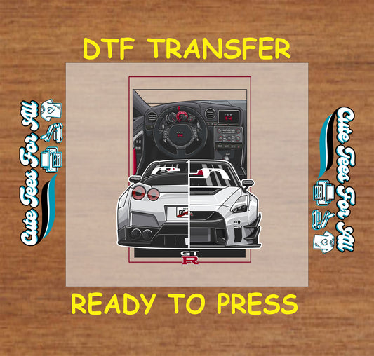 DTF transfer with split cockpit and front-rear tuner car in grayscale and red accent layout.