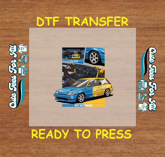 DTF transfer of yellow and blue race hatchback with engine, cockpit, and wheel panels.