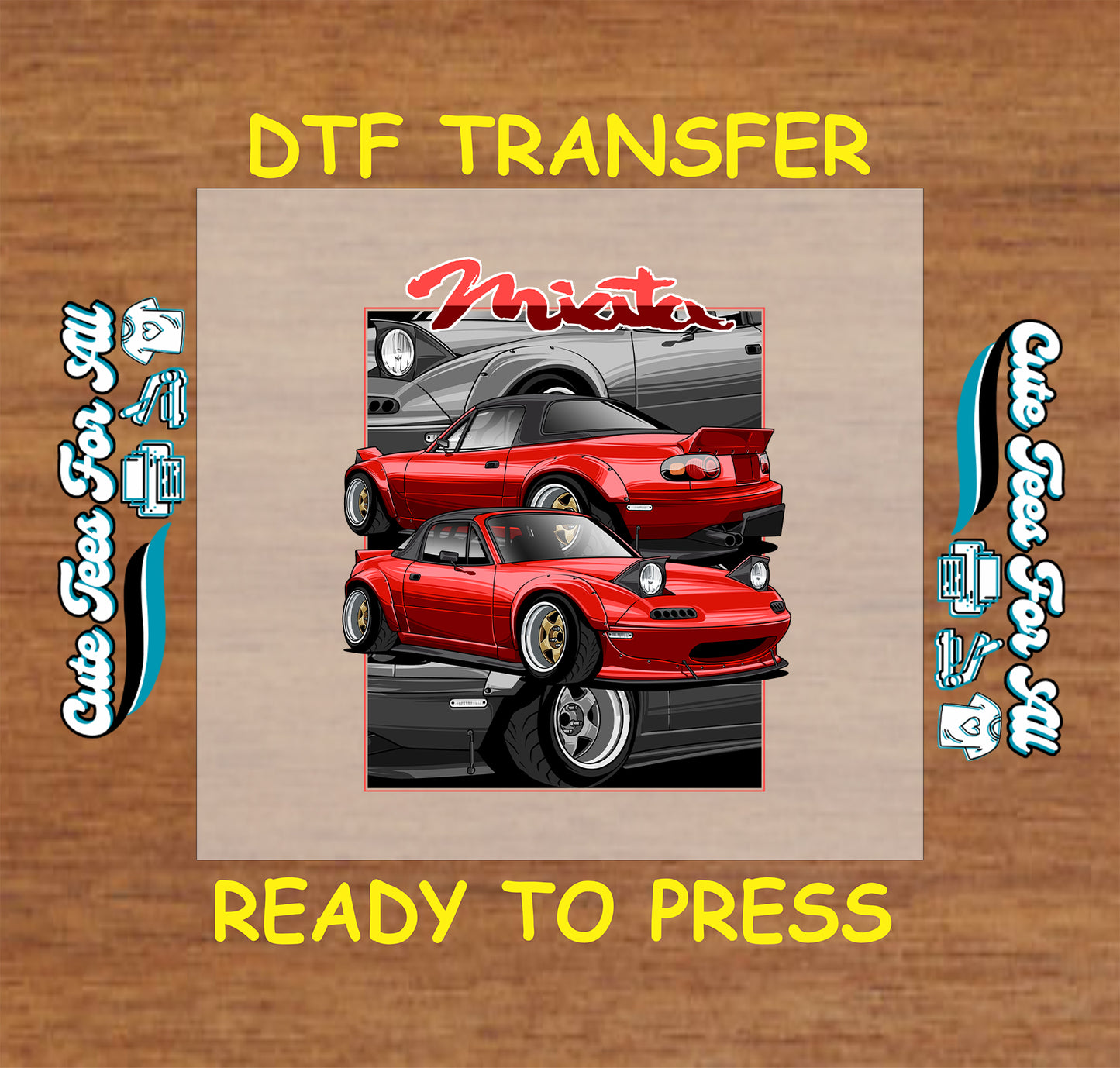 DTF transfer of red roadster with front and rear views, pop-up headlights, and lowered stance.