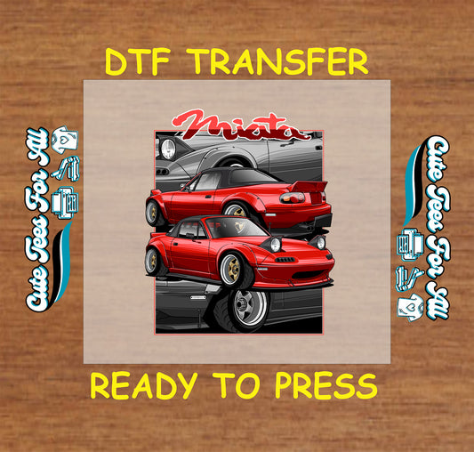 DTF transfer of red roadster with front and rear views, pop-up headlights, and lowered stance.