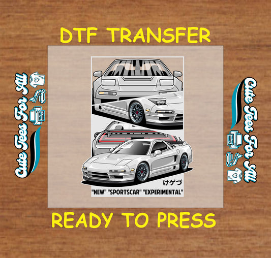 DTF transfer of silver mid-engine coupe with pop-up headlights, front and rear angles.