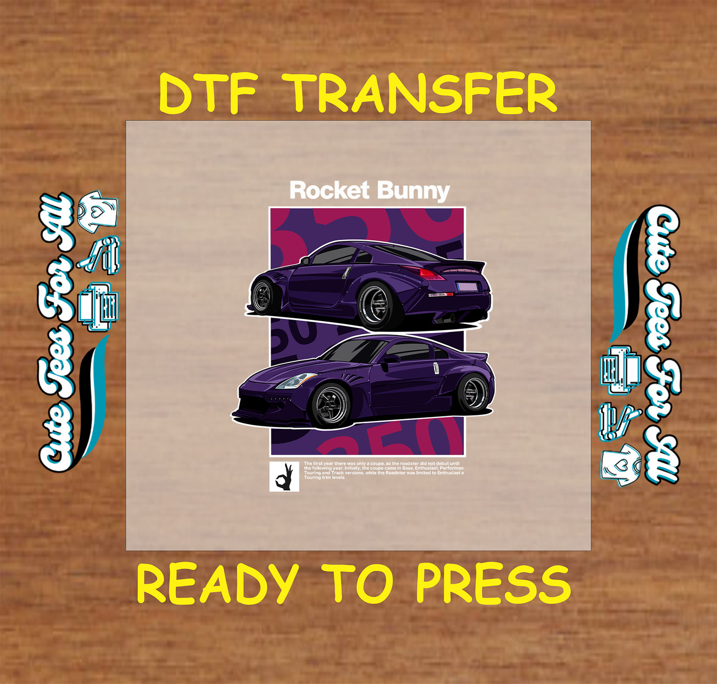 DTF transfer of purple widebody coupe with front and rear views over bold background.