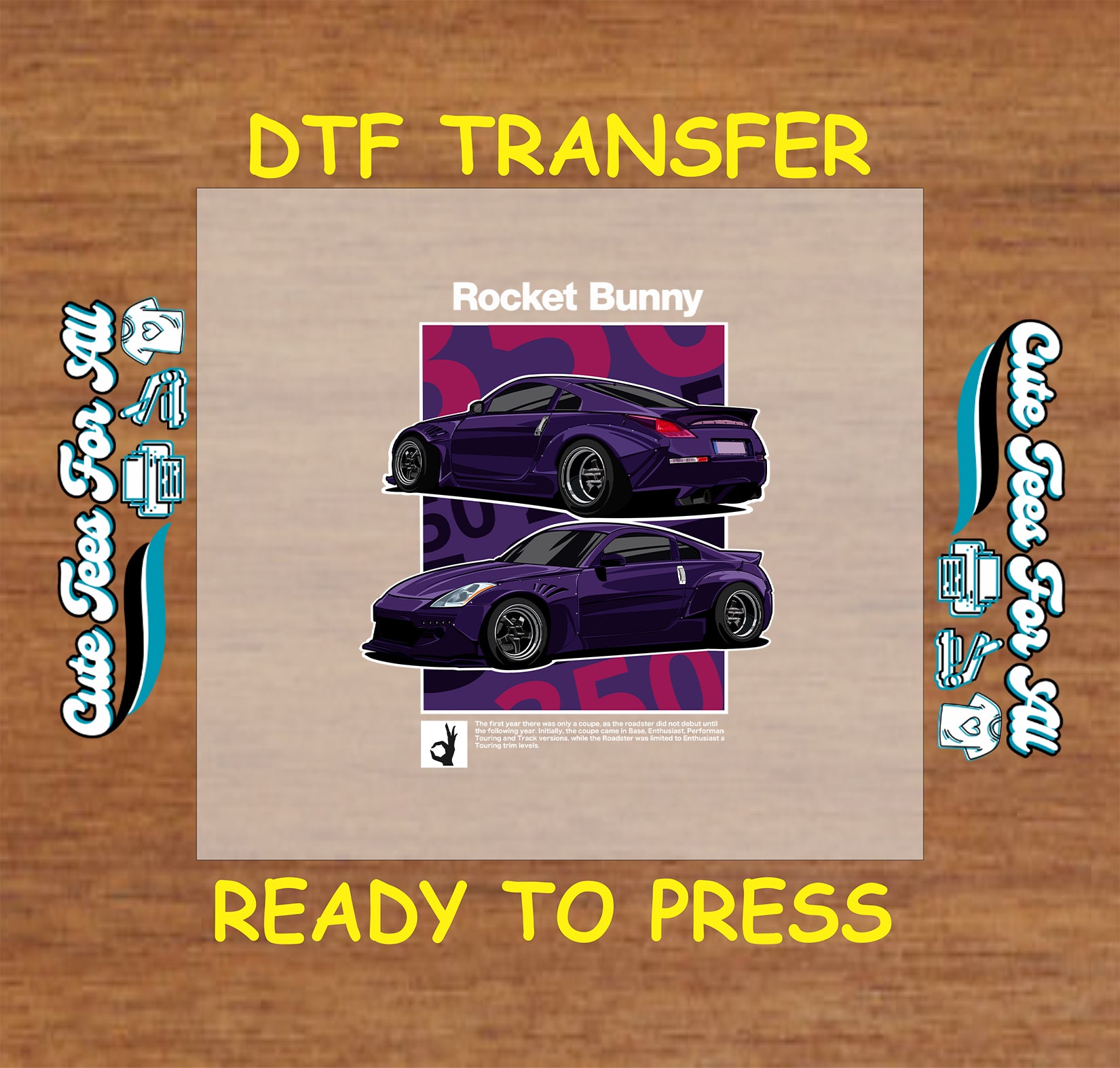 DTF transfer of purple widebody coupe with front and rear views over bold background.