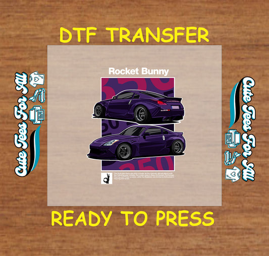DTF transfer of purple widebody coupe with front and rear views over bold background.