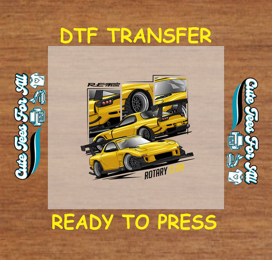 DTF transfer of yellow rotary coupe with multi-panel layout including wheels and rear wing.