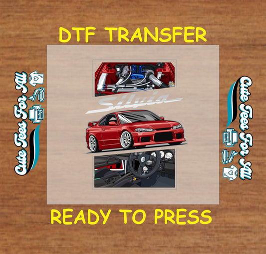 DTF transfer of red drift coupe with engine bay, cockpit, and full body front view.