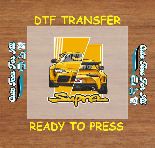 DTF transfer of yellow coupe with split front and rear views and yellow graphic background.
