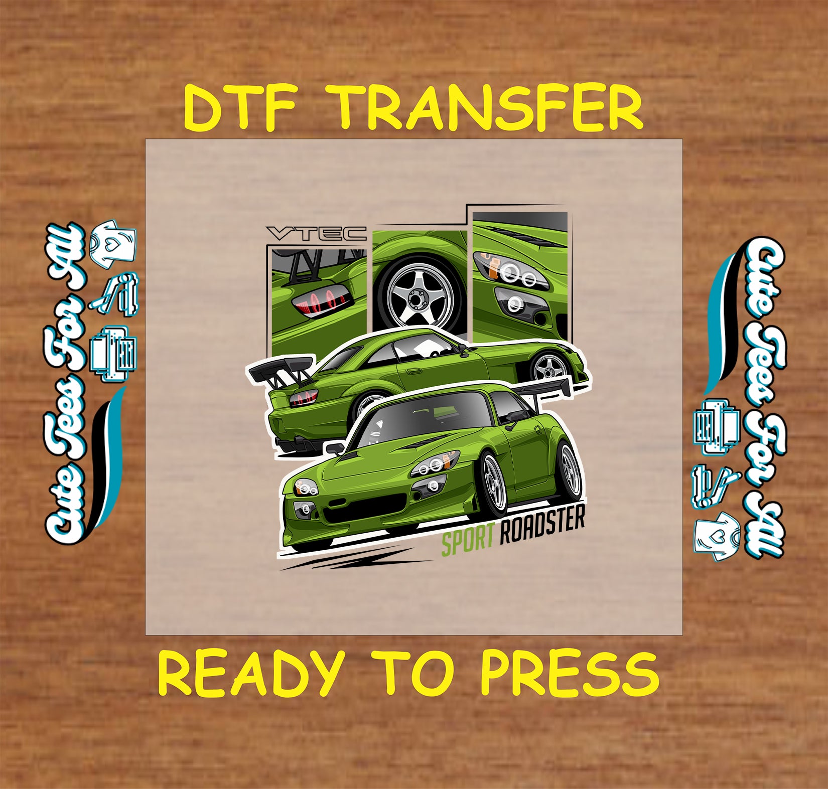 DTF transfer of green sport roadster with front, rear, and detail panels.