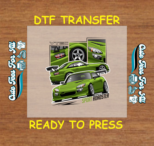 DTF transfer of green sport roadster with front, rear, and detail panels.