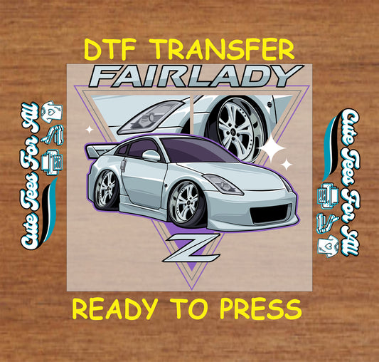 DTF transfer of silver coupe with triangle layout, chrome wheels, and clean body lines.