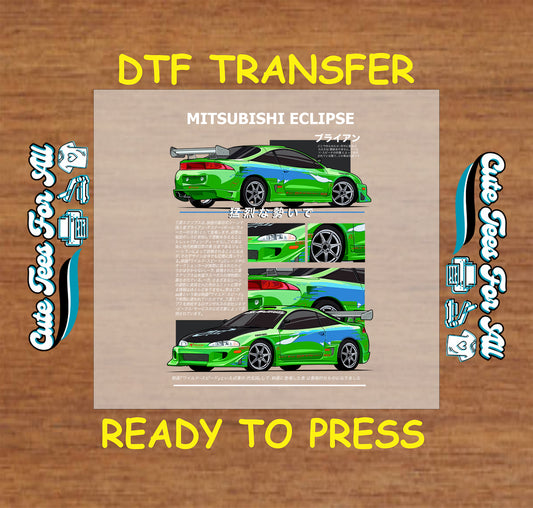 DTF transfer of green and blue coupe with side graphics and multi-panel layout.