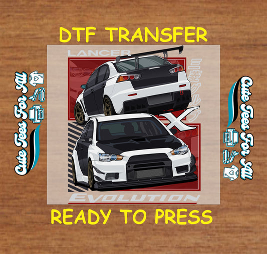 DTF transfer featuring wide body black and white sedan with bold rear spoiler.