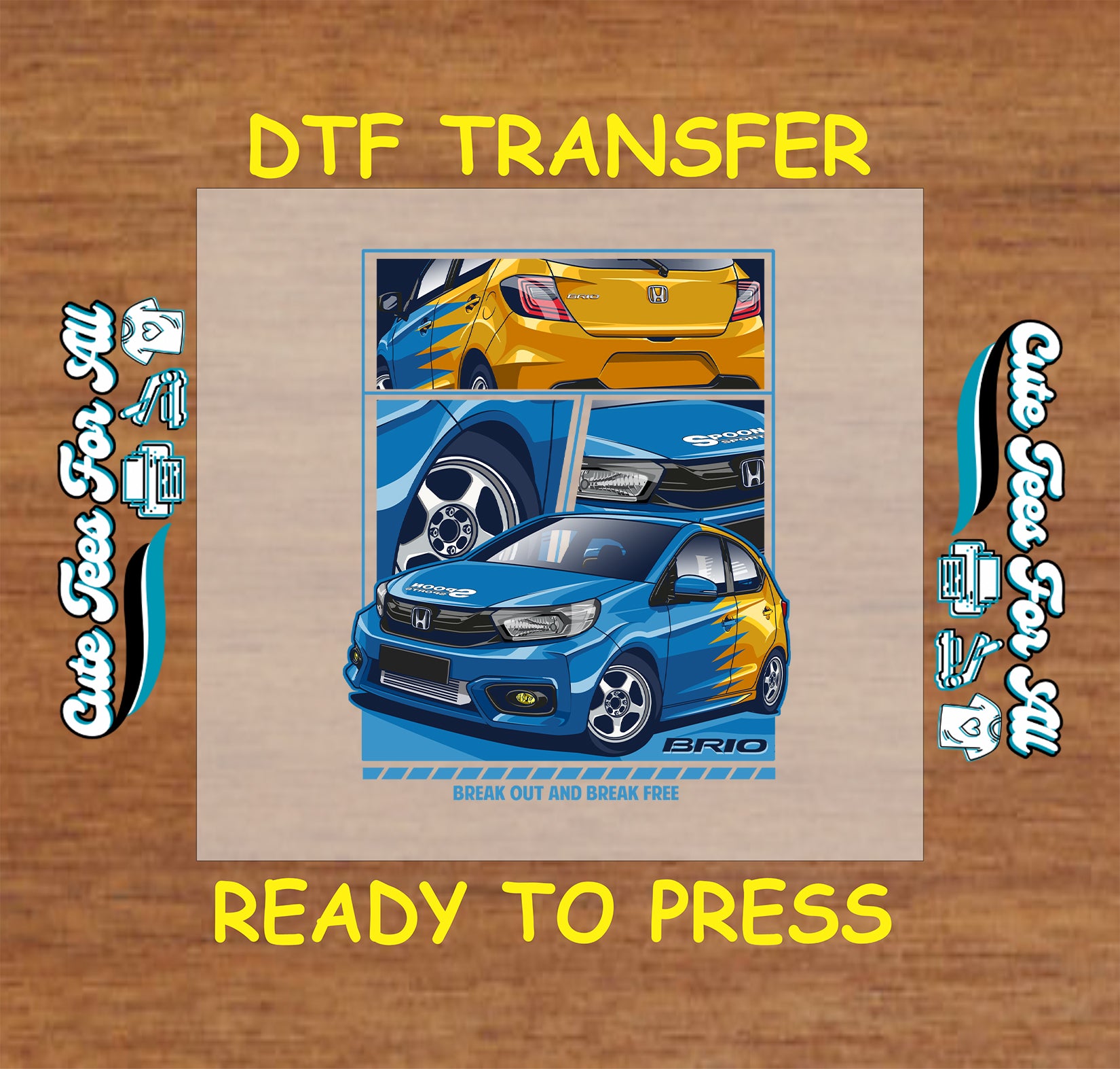 DTF transfer of compact hatchback in blue and yellow with custom stripe accents and multiple views.
