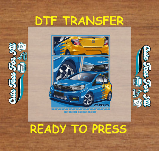 DTF transfer of compact hatchback in blue and yellow with custom stripe accents and multiple views.