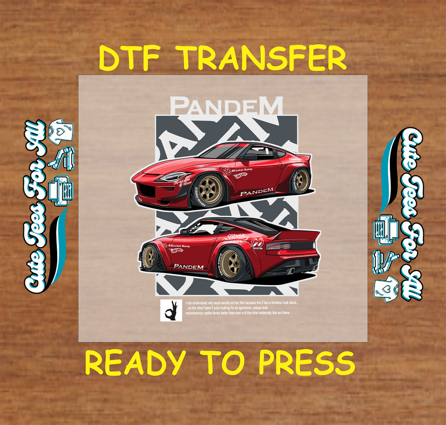 Red coupe with widebody kit and gold wheels shown from two angles on a DTF transfer.