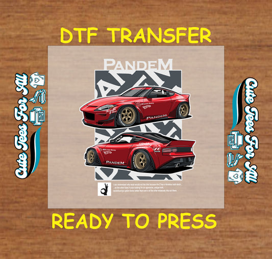 Red coupe with widebody kit and gold wheels shown from two angles on a DTF transfer.
