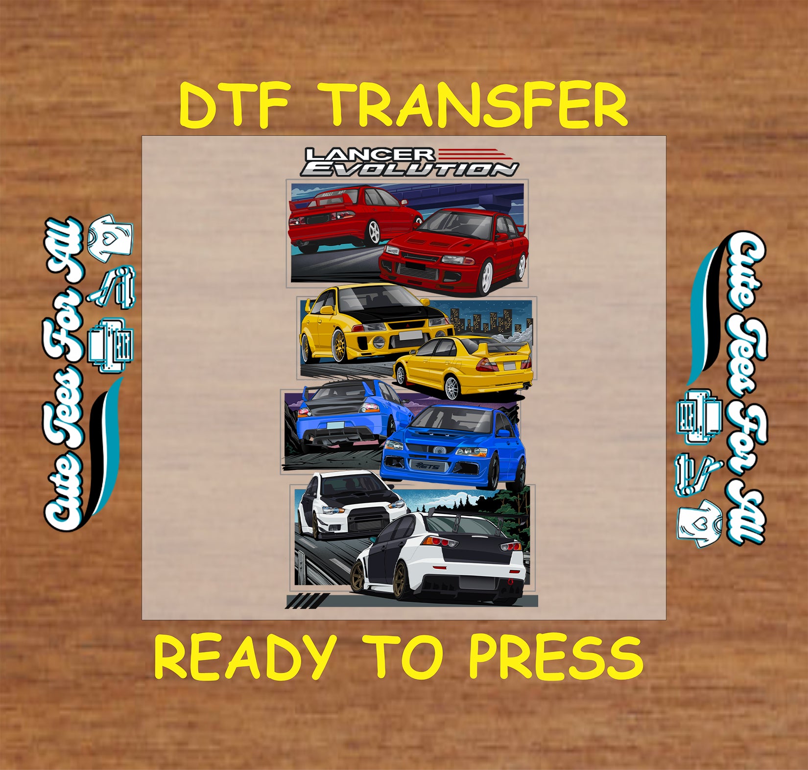 DTF transfer with red, yellow, blue, and white turbo sedans in stacked vertical layout.