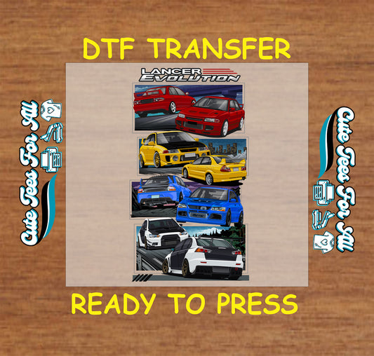 DTF transfer with red, yellow, blue, and white turbo sedans in stacked vertical layout.