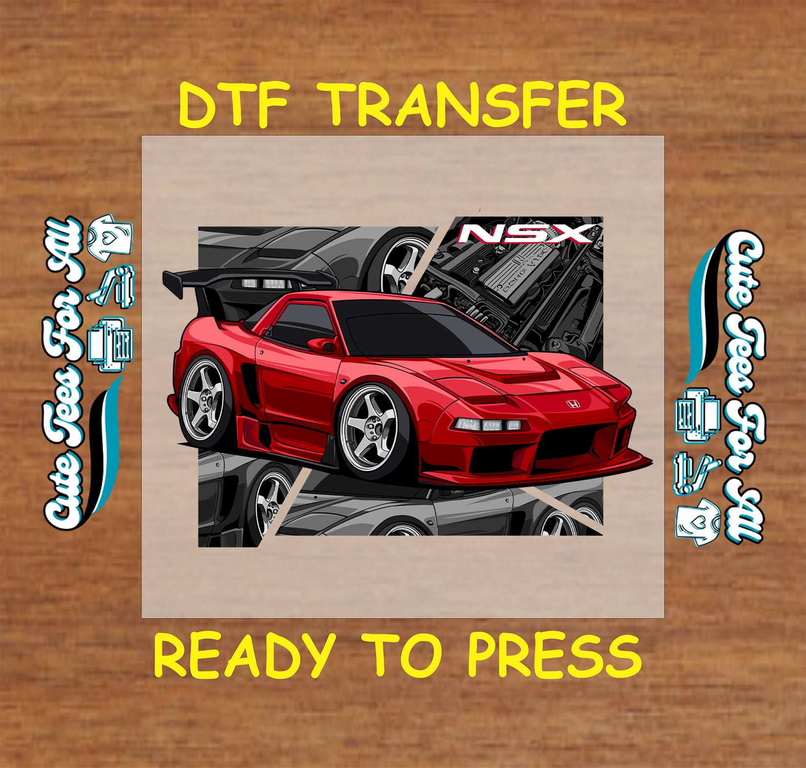 Red widebody mid-engine coupe DTF transfer with performance parts and bold stance.