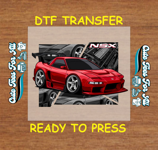Red widebody mid-engine coupe DTF transfer with performance parts and bold stance.