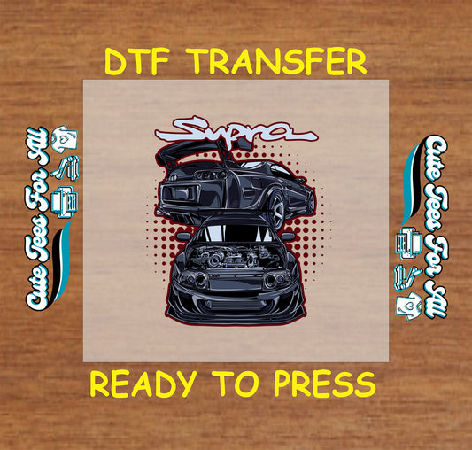 DTF transfer with black performance coupe and exposed engine detail, hood open.