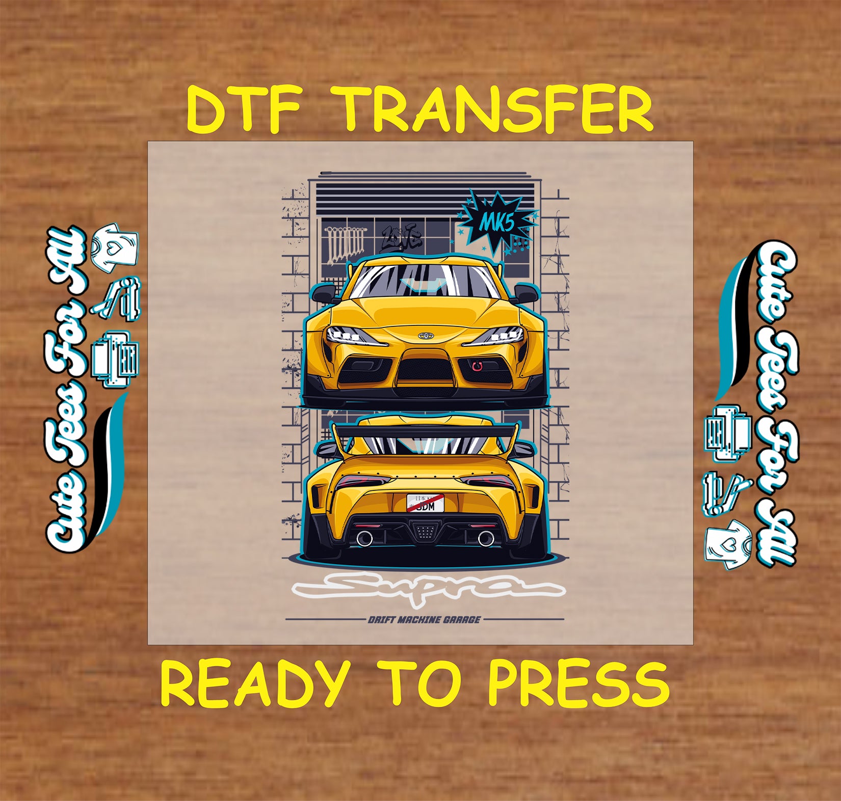 DTF transfer with yellow drift coupe shown from front and rear, garage backdrop.
