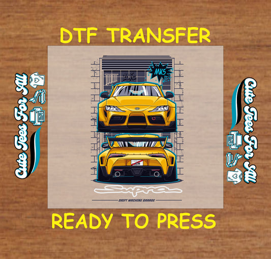 DTF transfer with yellow drift coupe shown from front and rear, garage backdrop.