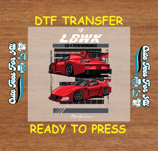 Red drift coupe shown front and rear, ready-to-press DTF transfer.