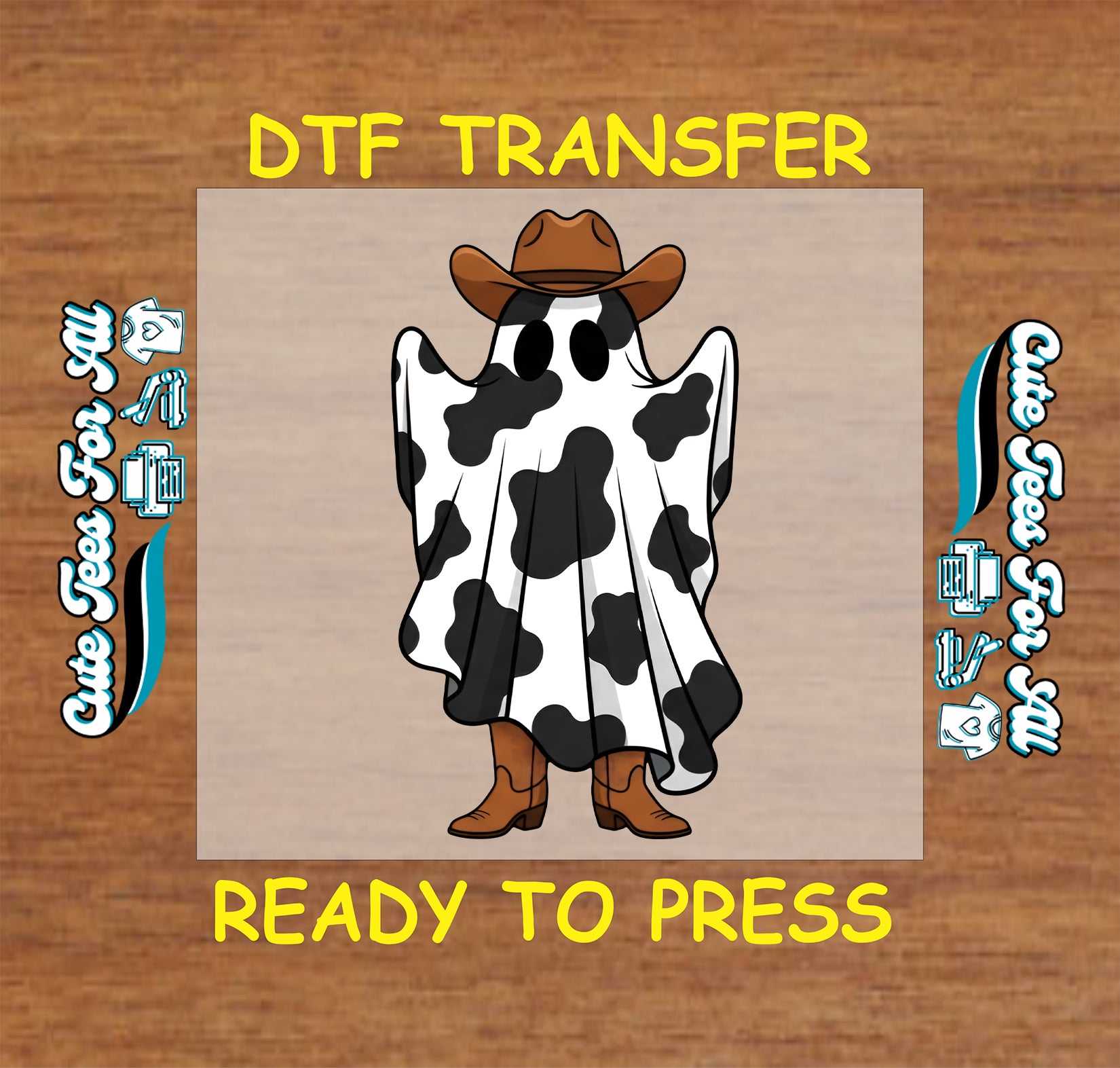 Cow print ghost wearing a cowboy hat and boots Halloween DTF transfer

