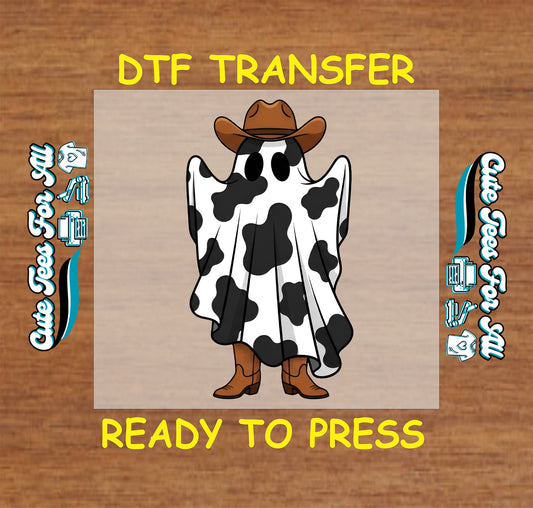 Cow print ghost wearing a cowboy hat and boots Halloween DTF transfer

