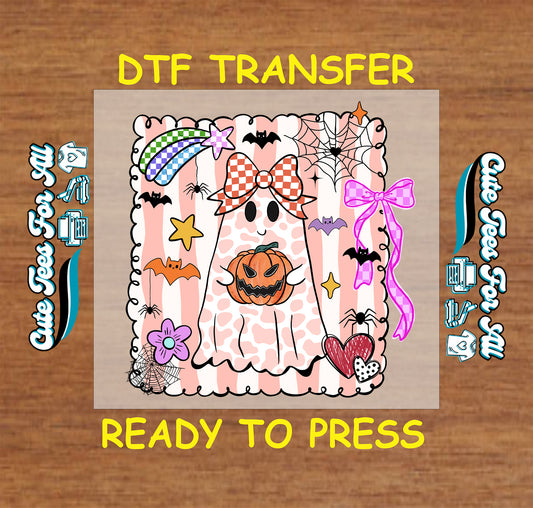 Pink ghost with pumpkin and bows surrounded by stars and bats Halloween DTF transfer

