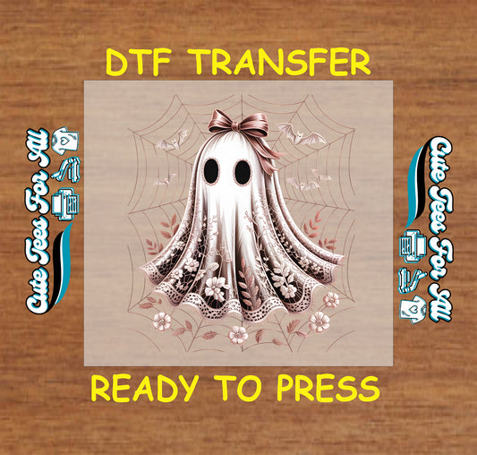 Lace ghost with floral embroidery, spiderwebs, and bow Halloween DTF transfer

