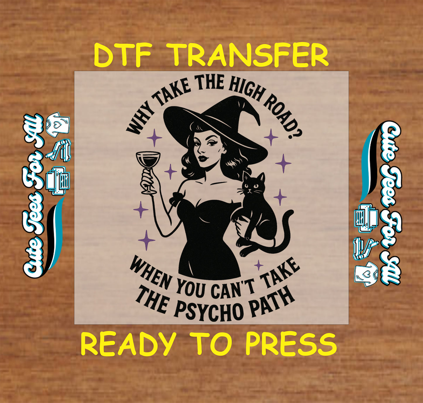 Witch with black cat holding drink with funny Halloween quote DTF transfer

