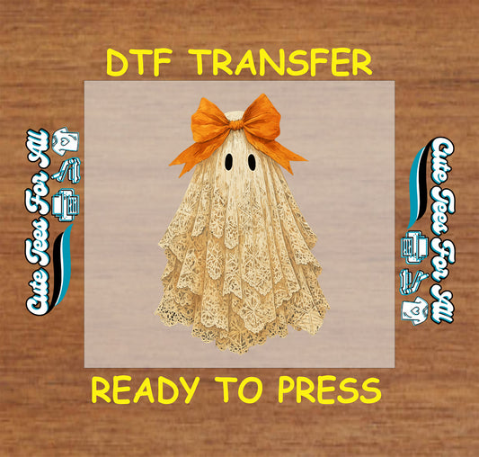 Lace ghost with large orange bow Halloween DTF transfer ready to press

