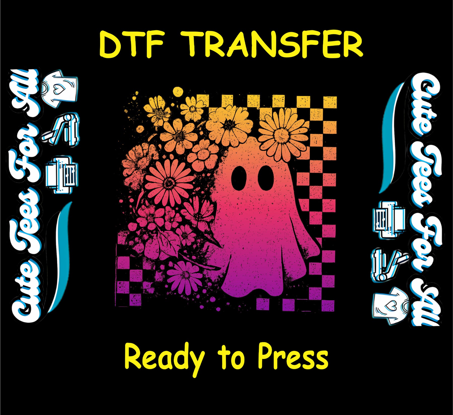 Rainbow ghost with flowers and checkerboard background Halloween DTF transfer

