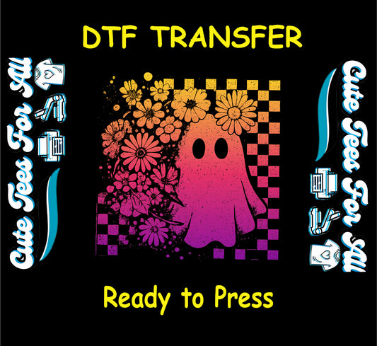 Rainbow ghost with flowers and checkerboard background Halloween DTF transfer

