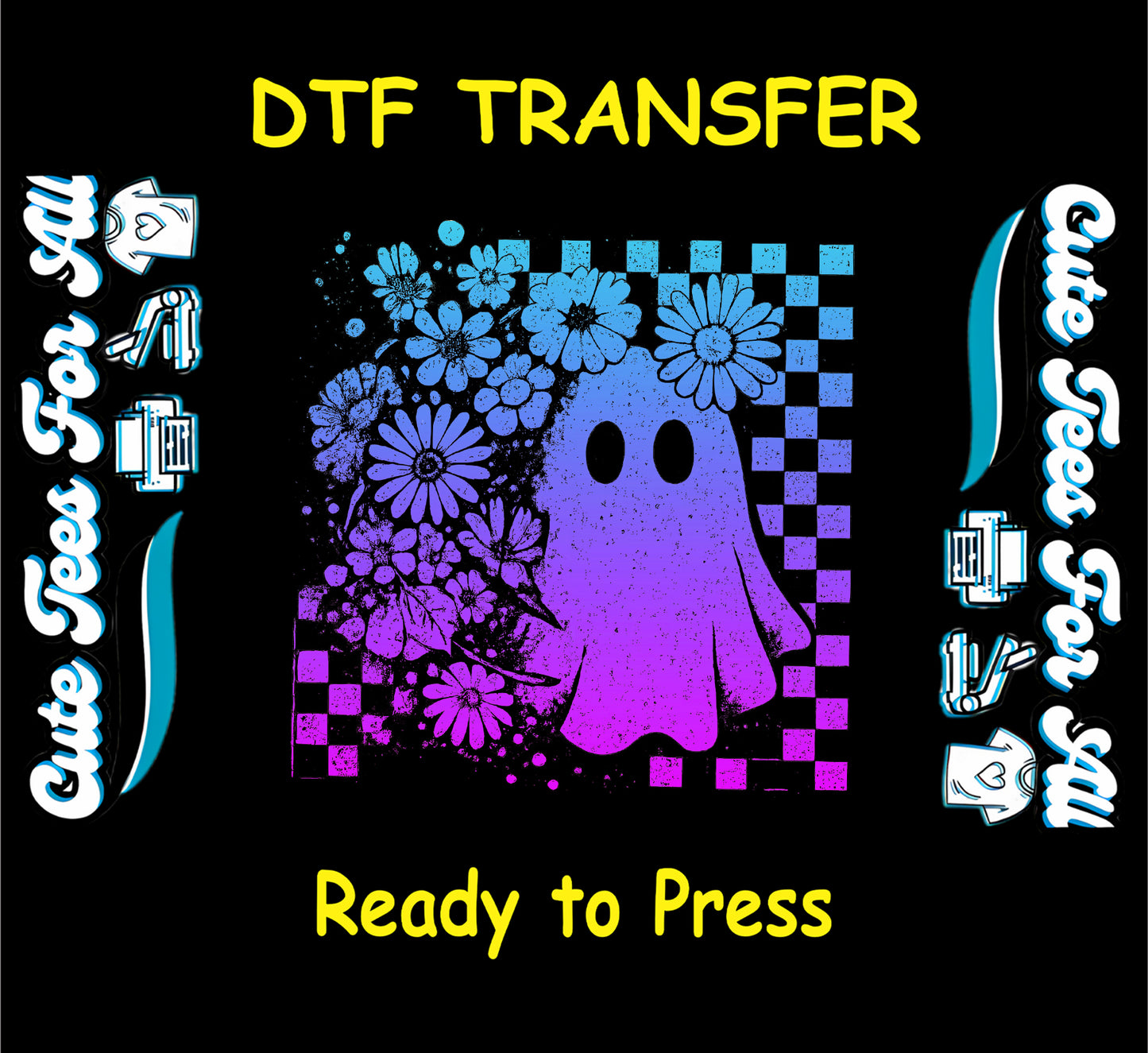 Purple and blue gradient ghost with flowers and checkerboard Halloween DTF transfer

