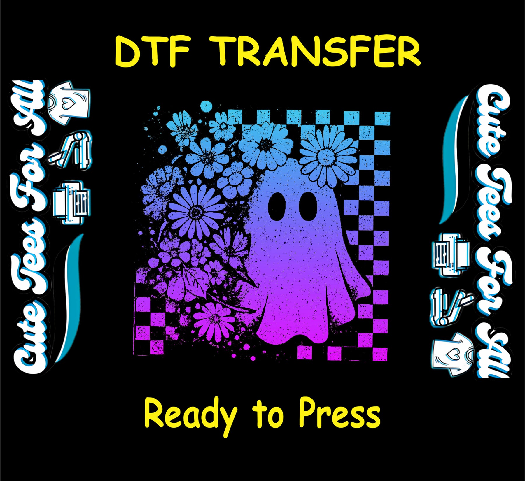 Purple and blue gradient ghost with flowers and checkerboard Halloween DTF transfer

