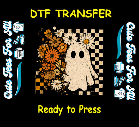 Cream ghost with orange flowers and checkerboard background Halloween DTF transfer


