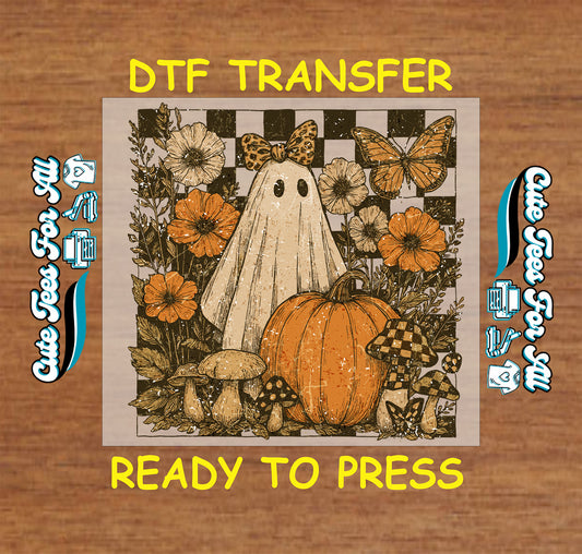 Ghost with leopard bow, pumpkin, mushrooms, flowers, and butterfly Halloween DTF transfer

